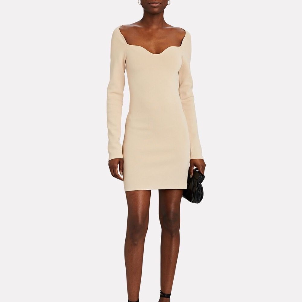 Nanushka Marina Beige Rib Knit Sweetheart Neck Long Sleeve Mini Dress Size M
